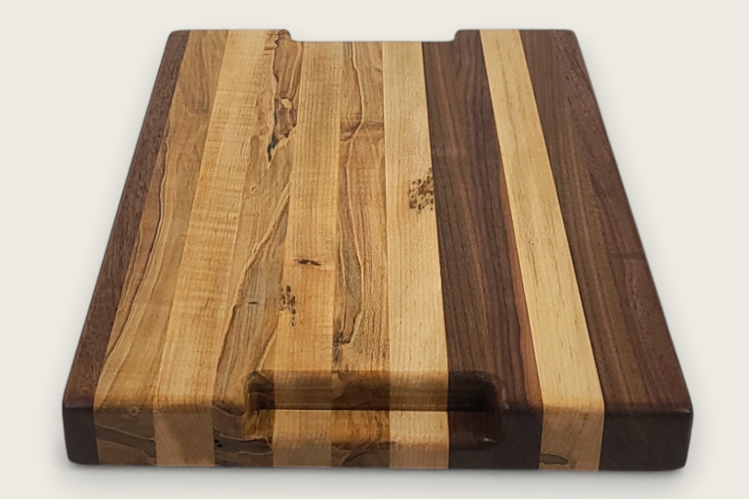 Spaulted Maple & Walnut Butcher Block Board with edge-grain horizontal pattern, light and dark wood tones.